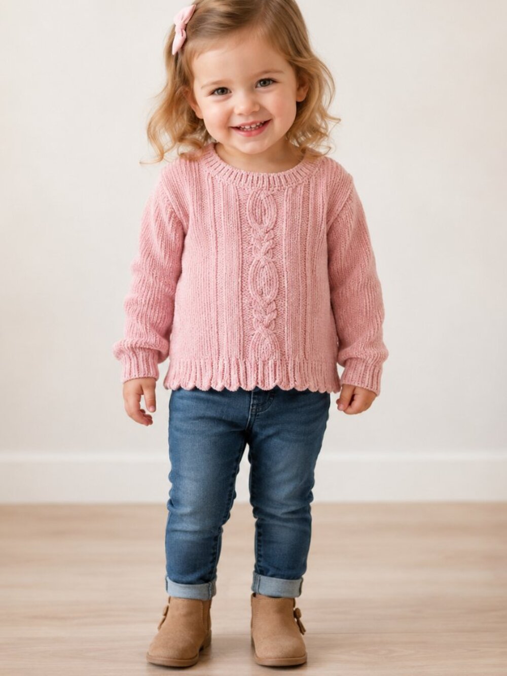Tommy Bahama Light Pink Little Girls Cable Knit Scalloped Hem Chunky Sweater 2T